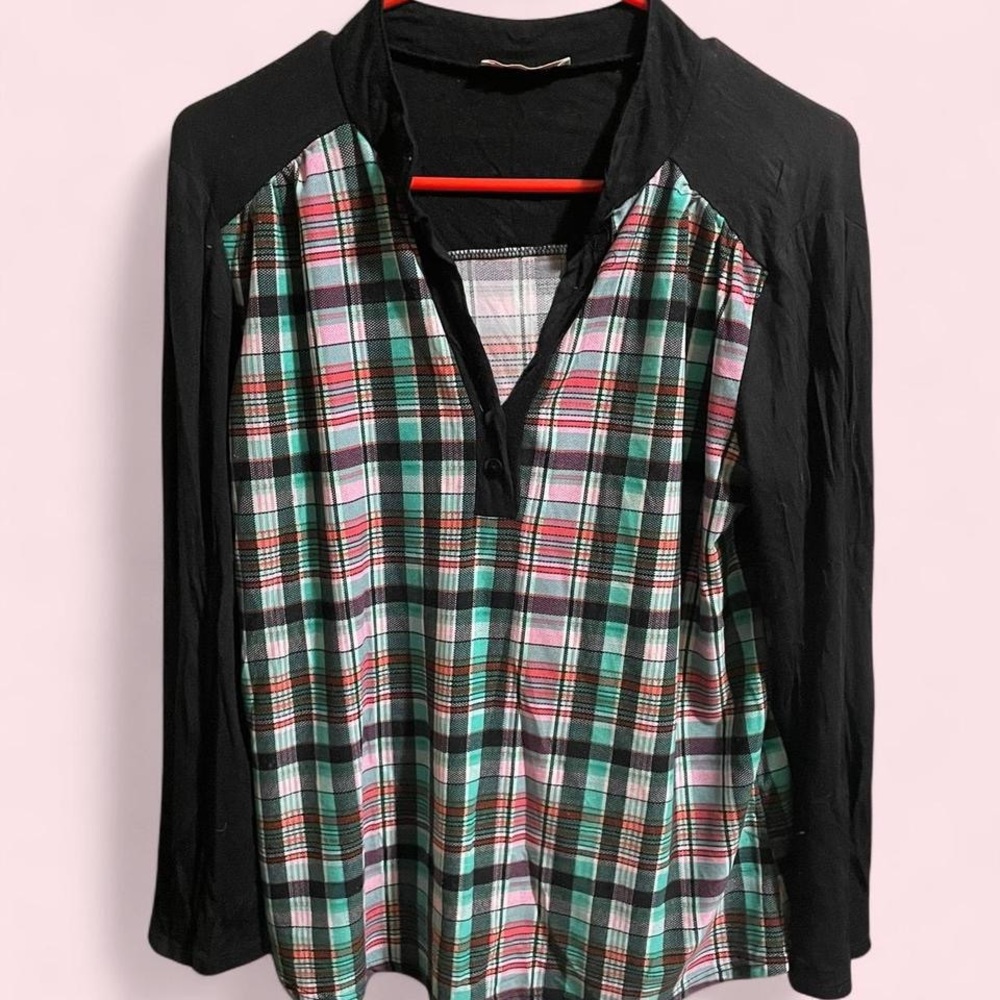 Claudia Richard Black and Plaid Button Down Shirt
